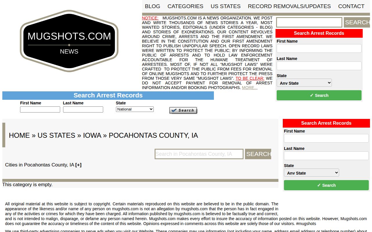 Unofficial Pocahontas County mugshot page showing no demonstrated local entries